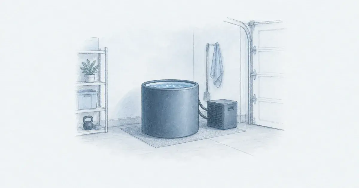 Pencil sketch of a home cold plunge tub in a calm garage corner