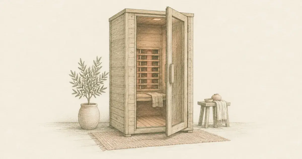 Pencil sketch of a one-person infrared sauna cabin in a calm room