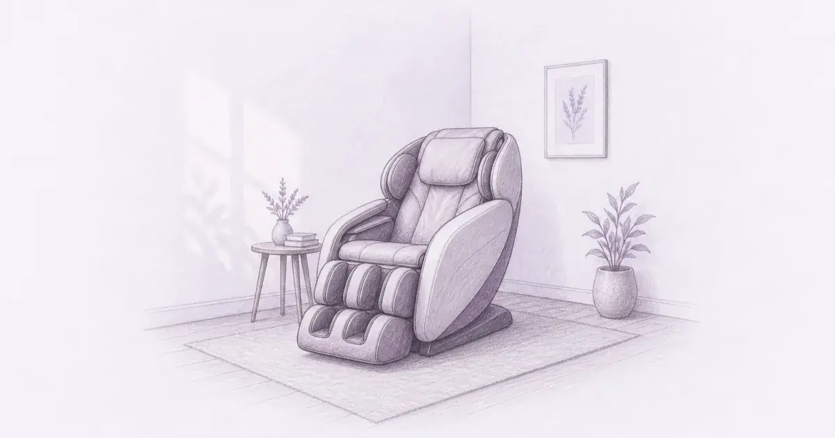 Pencil sketch of a massage chair in a calm home recovery room