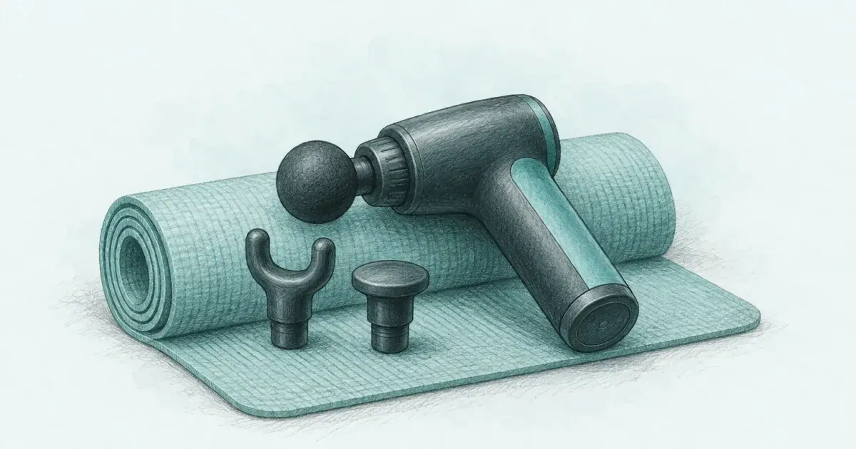 Pencil sketch of a handheld percussion massage gun on a recovery mat