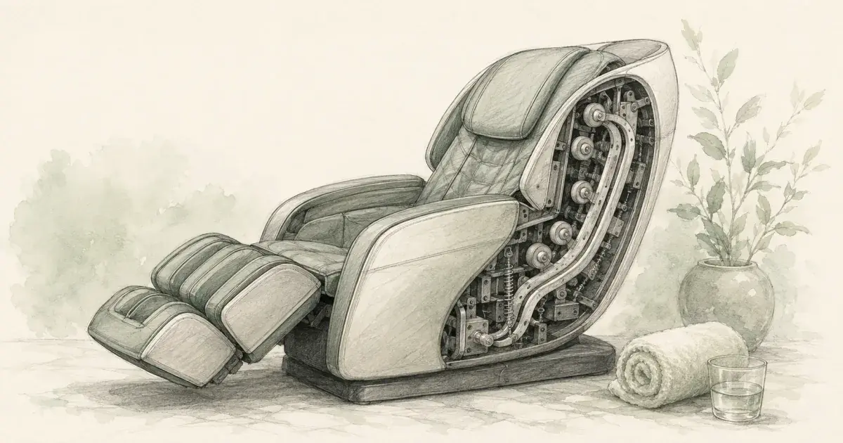 Pencil sketch of a shiatsu massage chair recliner with the SL-track roller mechanism visible at the back
