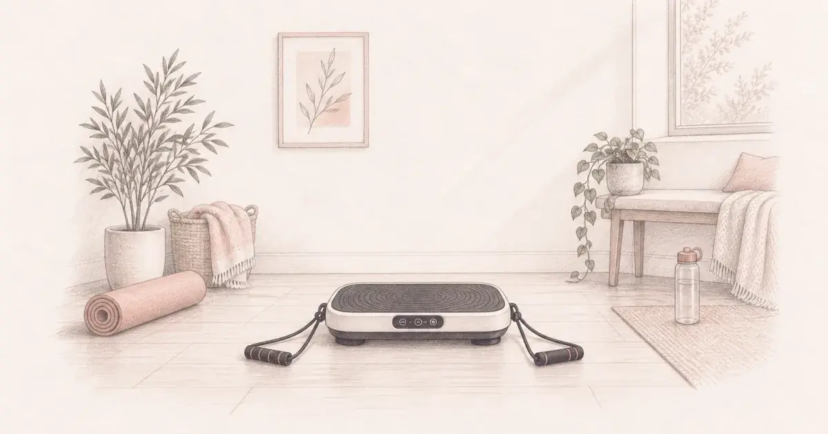 Pencil sketch of a home vibration plate on a recovery-room floor