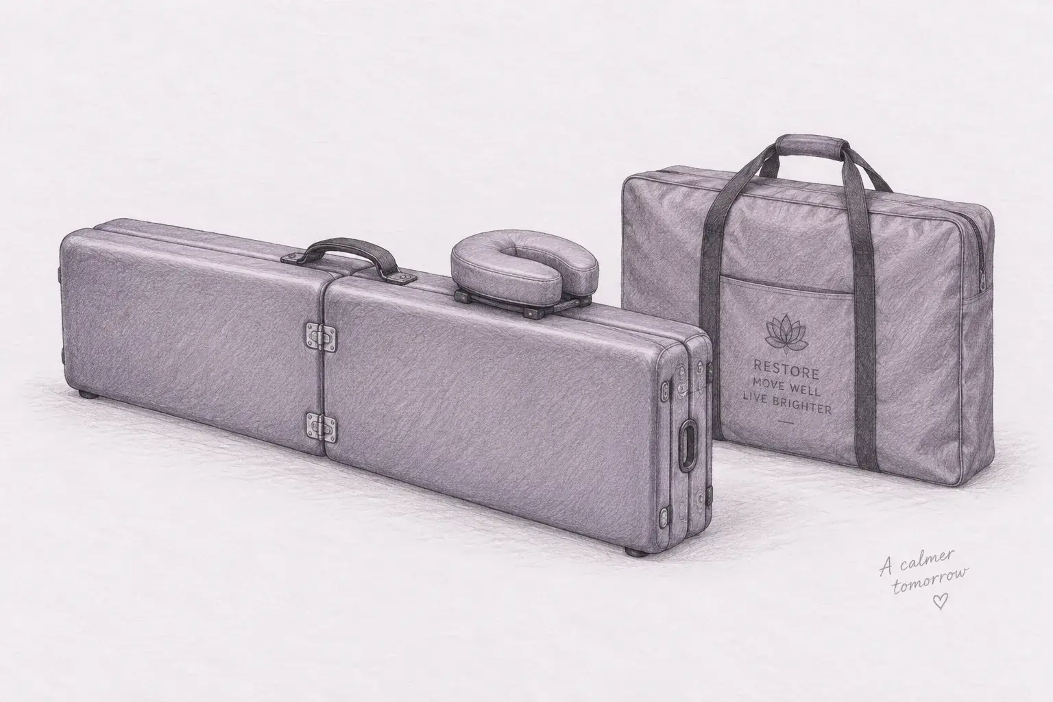 Pencil sketch of a folded portable massage table with a carry case and face cradle on a calm studio floor
