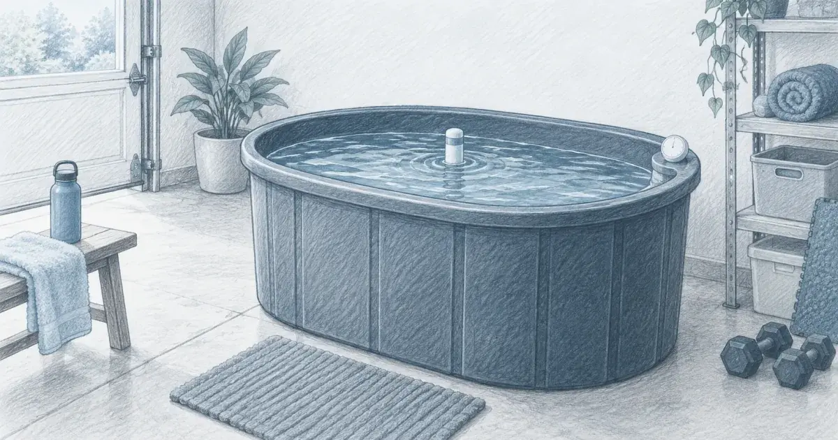 Cold plunge calculator beside a home cold tub and a timer