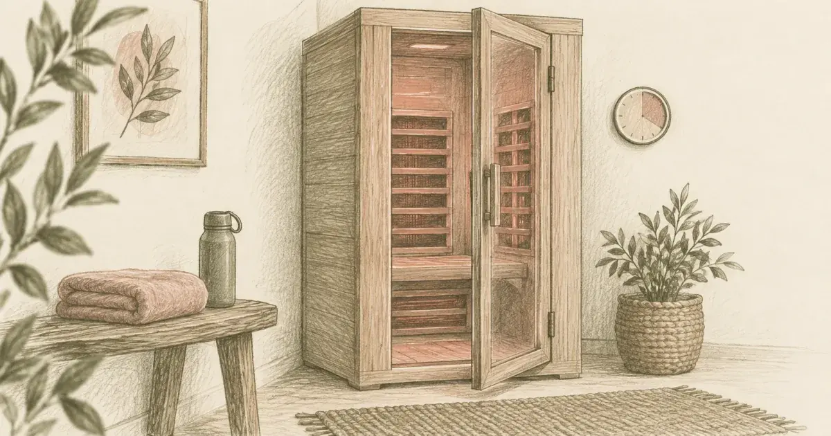 Sauna session calculator next to a home infrared sauna cabin