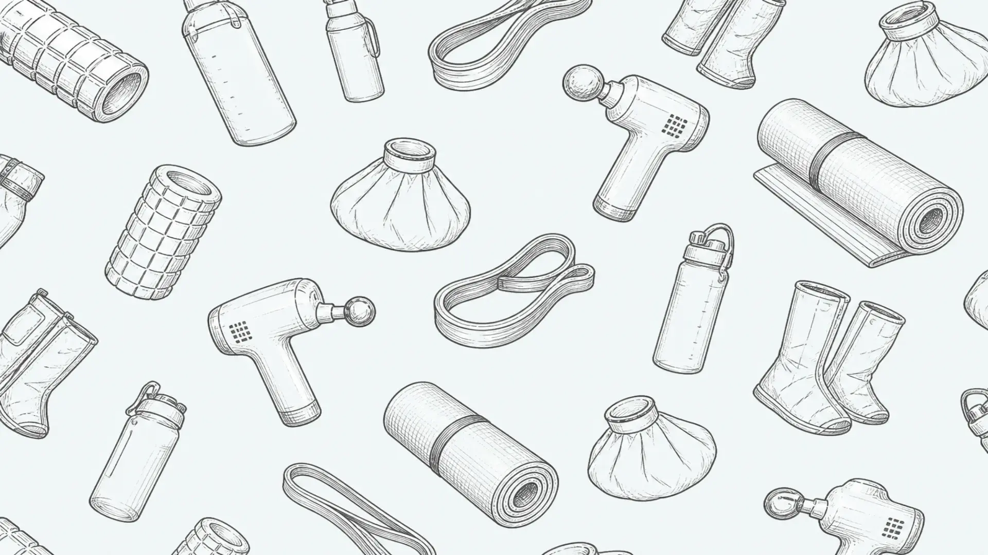 Monochrome pencil sketch pattern of recovery gear on soft teal-cream paper