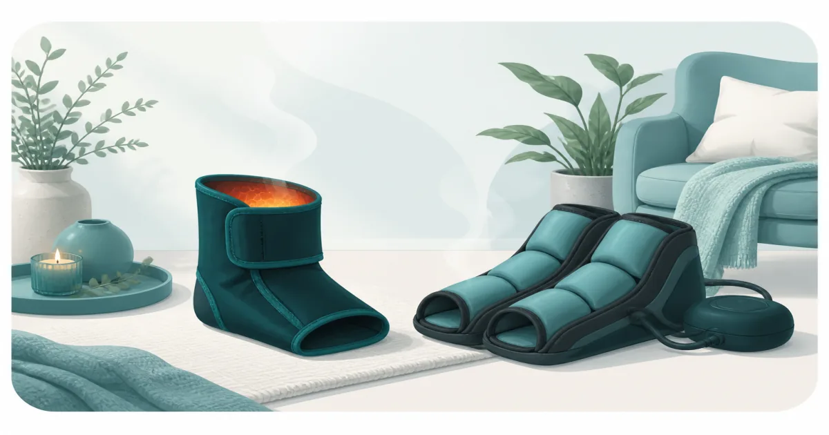 Flat illustration of a heated ankle wrap and an air-compression foot massager in a home recovery corner