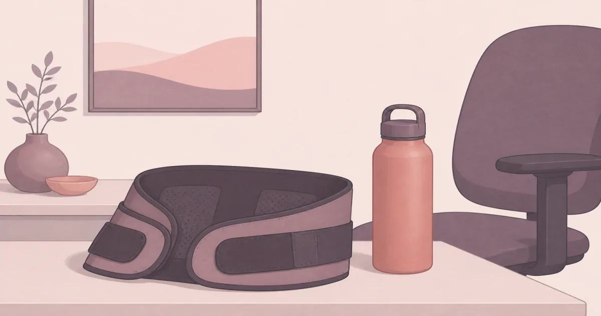 Lower-back lumbar support brace laid flat next to a desk chair and water bottle