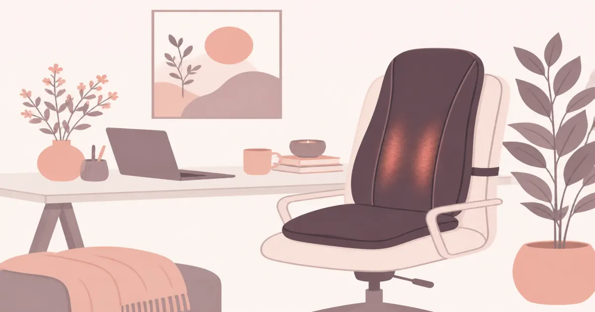 Flat illustration of a heated back massage seat cushion on an office chair