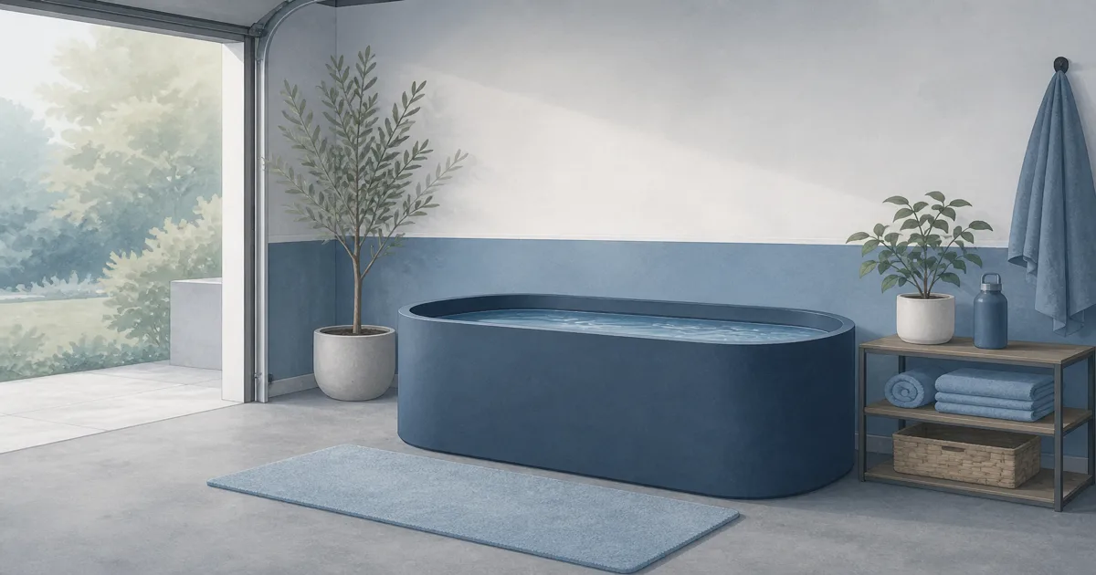 Flat illustration of a home cold plunge tub in a calm garage corner