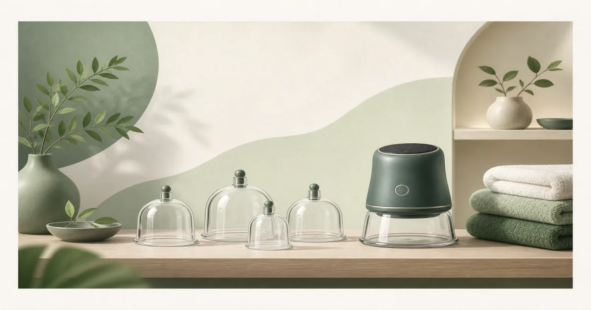 Flat illustration of manual cupping cups and a smart heated cup on a home recovery shelf