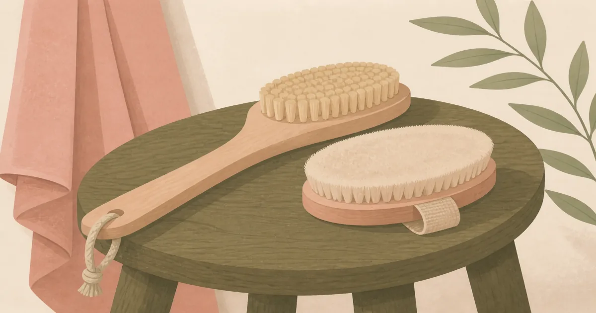 Flat illustration of a wooden dry body brush and softer bristle brush on a bath stool