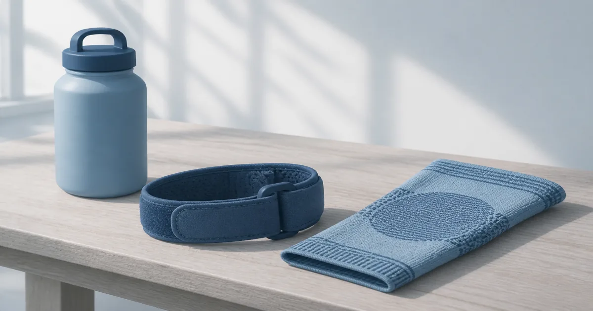 Tennis elbow strap and compression sleeve laid on a wood bench beside a water bottle