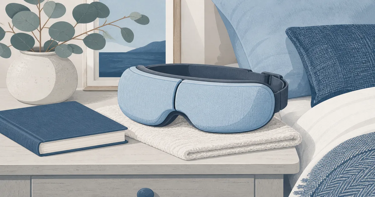 Flat illustration of a heated eye massager on a bedside table