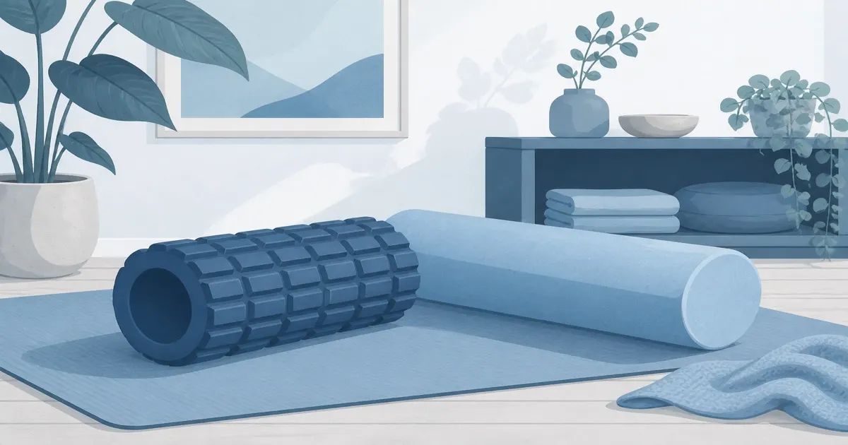 Flat illustration of textured and smooth foam rollers on a home recovery mat