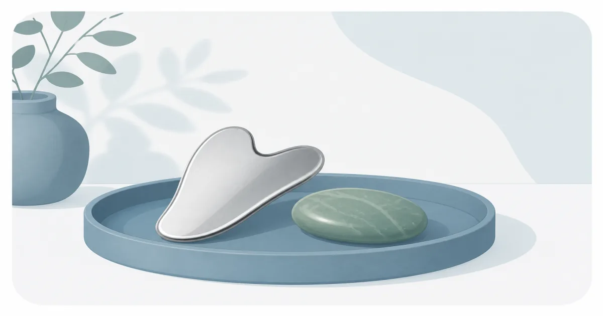 Flat illustration of a stainless steel gua sha and jade stone on a skincare tray