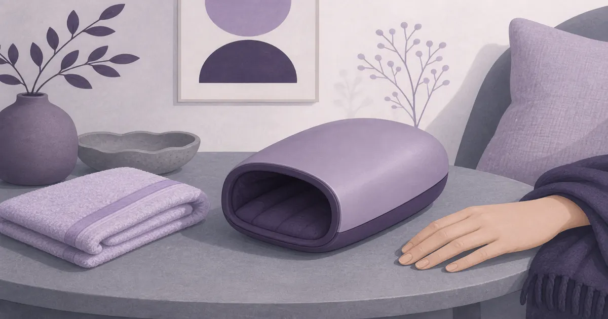 Flat illustration of a cordless hand massager on a calm side table