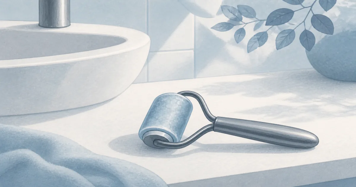 Metal facial ice roller beside a bathroom sink with cool morning light