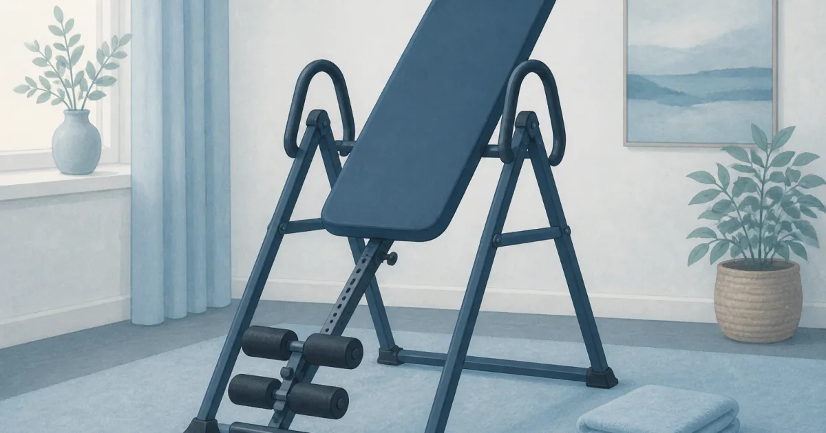 Flat illustration of a home inversion table in a calm spare-room corner