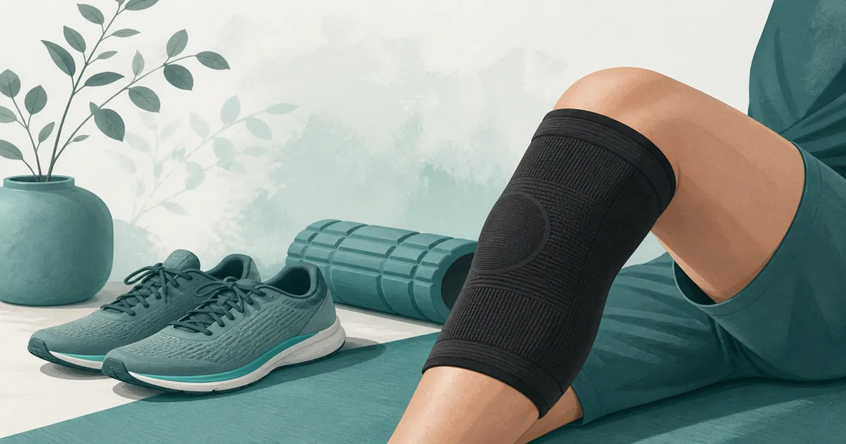 Black knee compression sleeve on an active knee beside running shoes and a foam roller