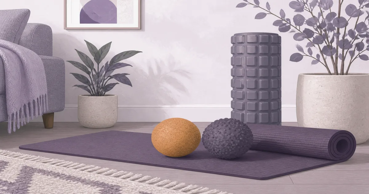 Flat illustration of cork and textured massage balls beside a yoga mat