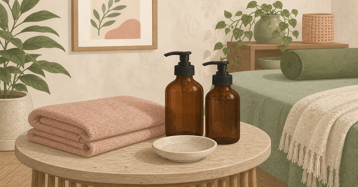 Flat illustration of amber massage oil bottles and folded towels