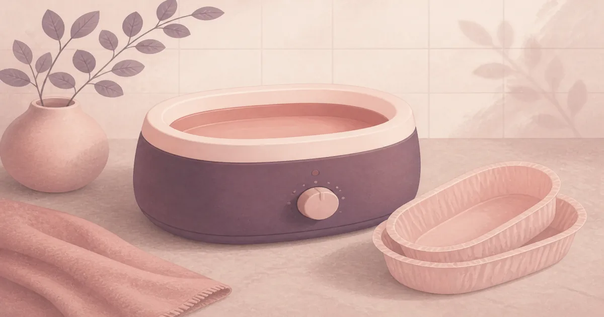 Paraffin wax bath on a bathroom counter with wax liners nearby
