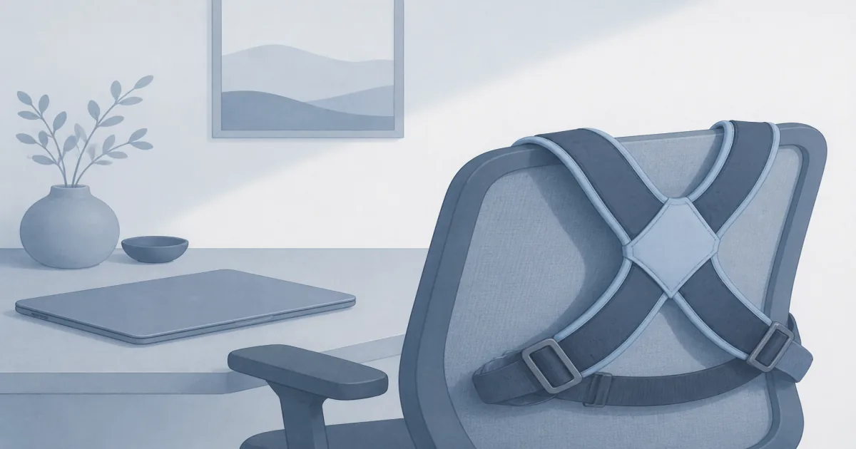 Figure-eight posture corrector brace draped over a desk chair beside a laptop