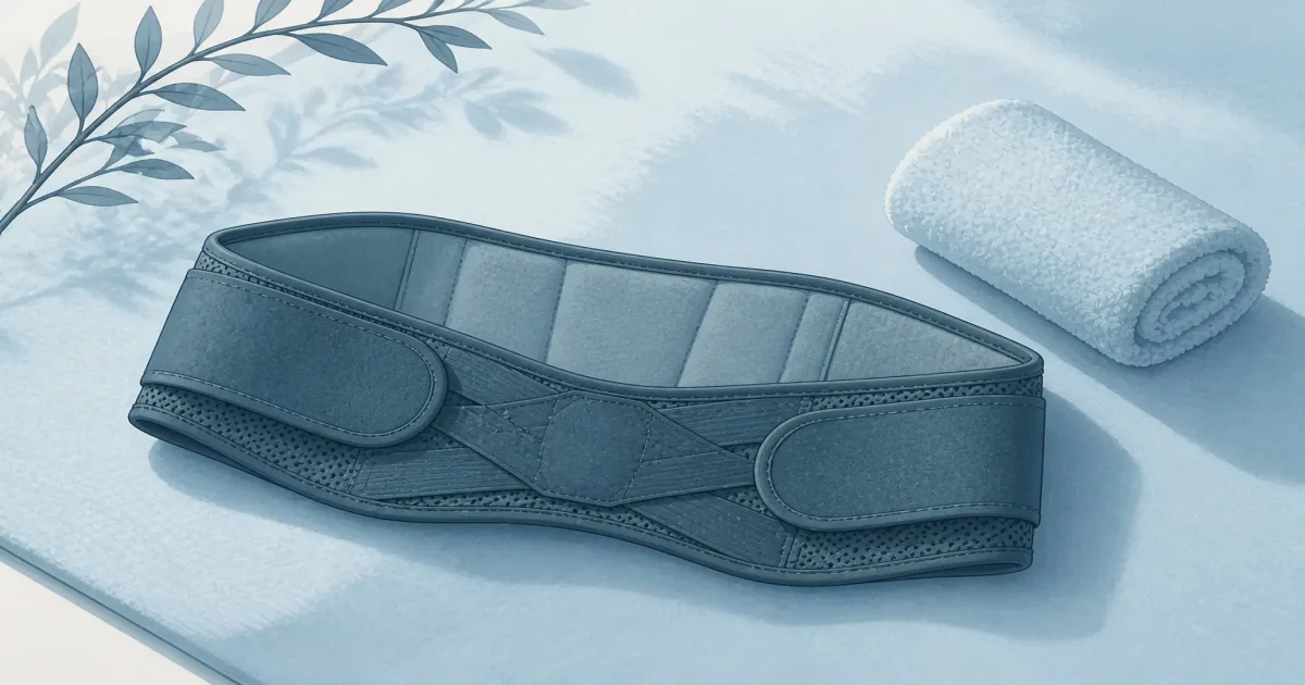 Flat illustration of a sacroiliac support belt laid flat beside everyday home recovery gear
