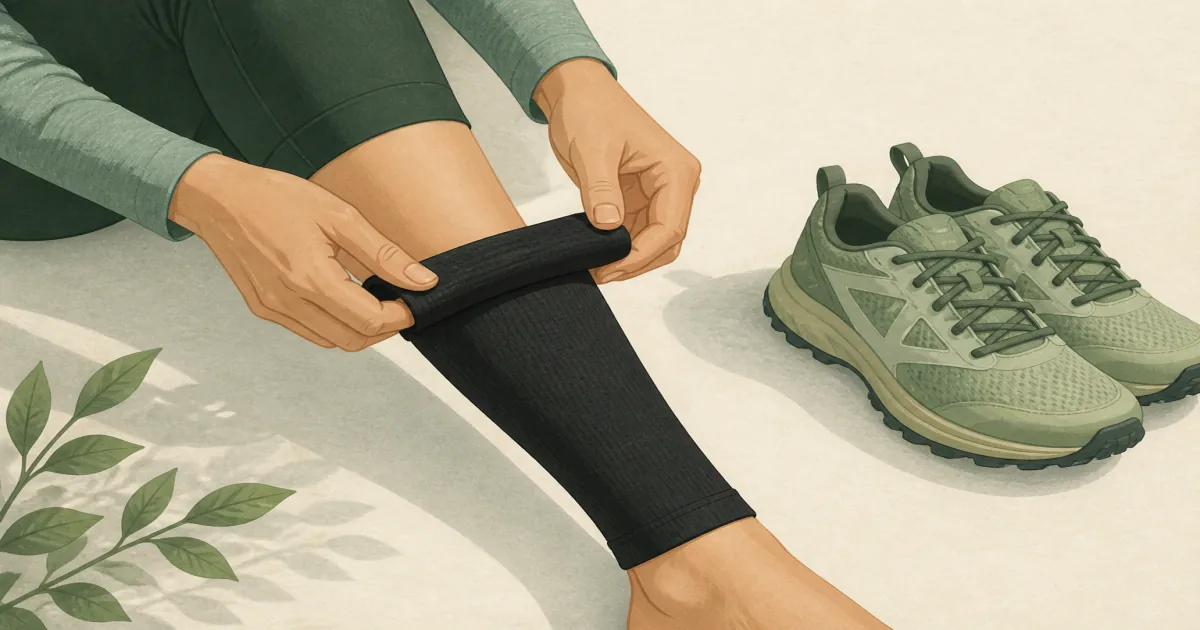 Runner rolling up a black calf compression sleeve for shin splint support beside trail shoes