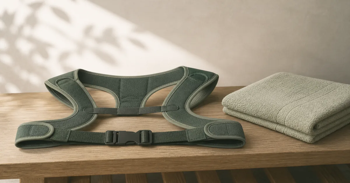 Adjustable shoulder brace with chest strap on a calm recovery bench beside a folded towel
