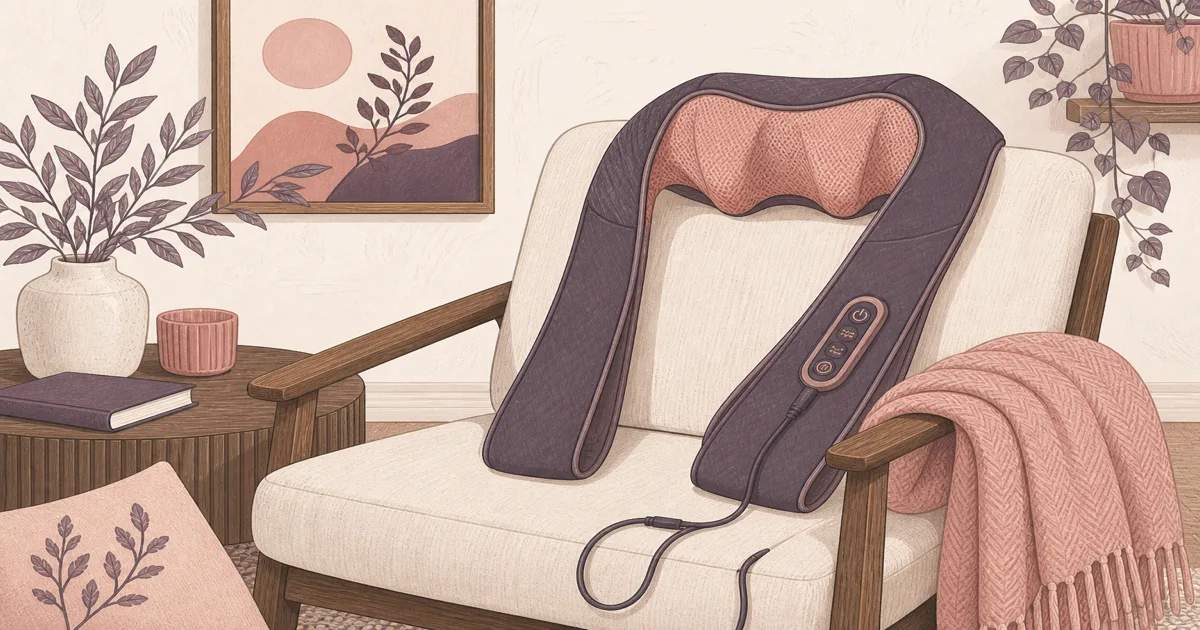 Flat illustration of a heated shoulder massager draped over a chair