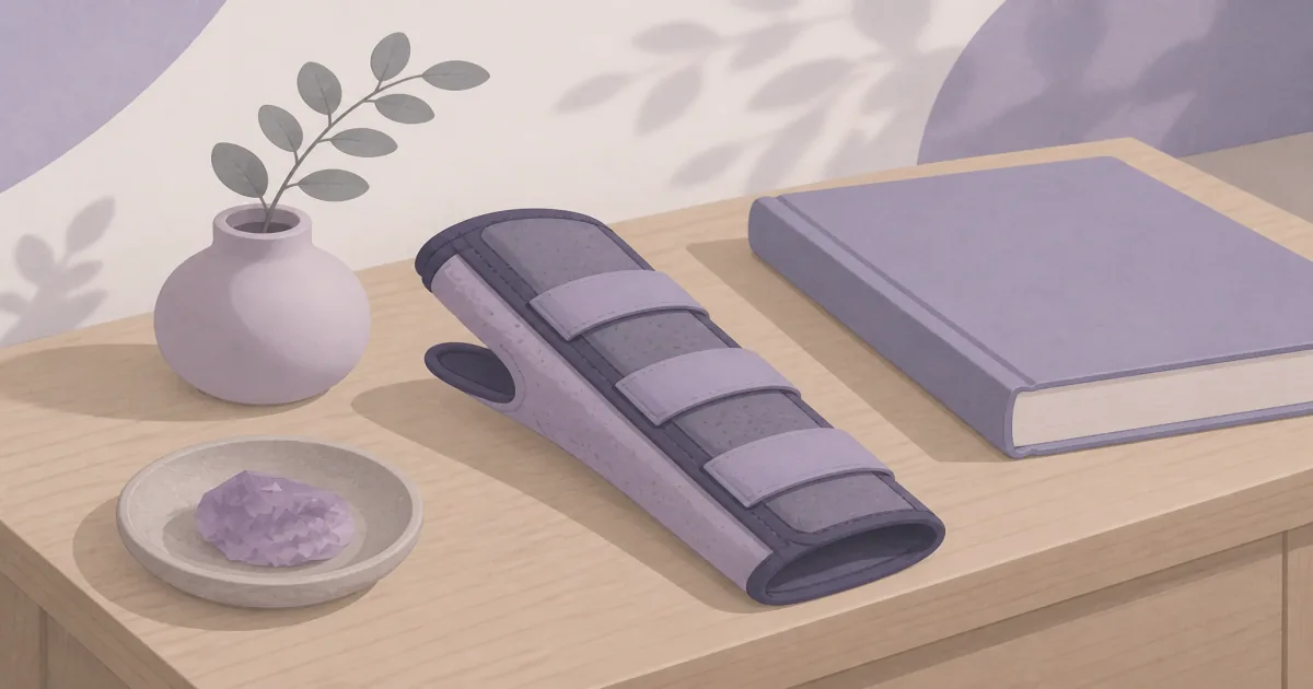 Wrist brace with palmar stay and adjustable straps on a calm wood nightstand beside a book