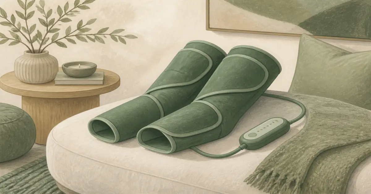Flat illustration of calf compression massager wraps on a home ottoman