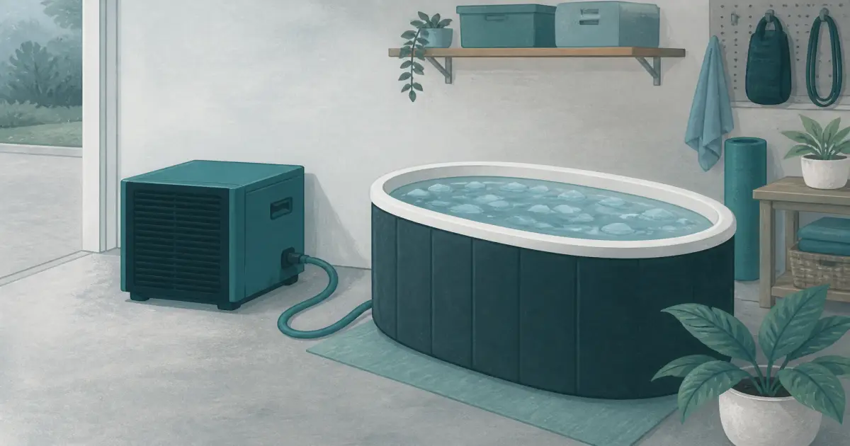 Flat illustration of a water chiller connected to a home cold plunge tub
