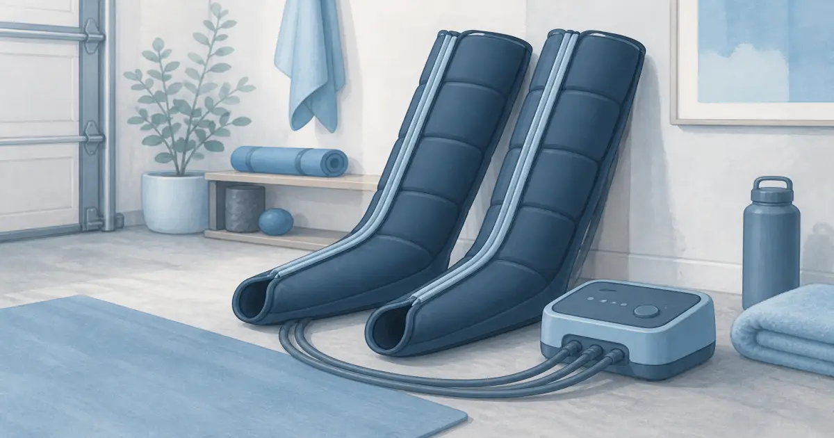 Flat illustration of full-leg compression recovery boots beside a small pump