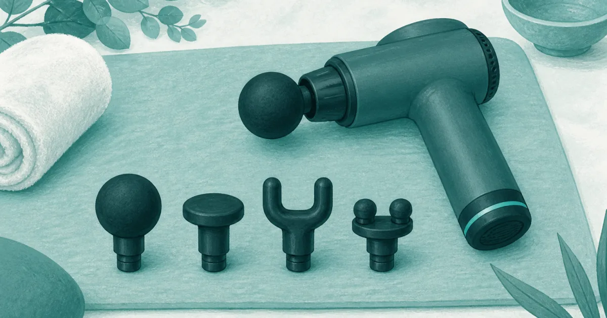 Flat illustration of percussion massage gun heads arranged beside a handheld gun