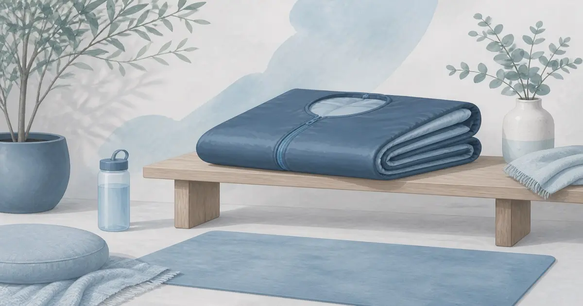 Flat illustration of a portable infrared sauna blanket folded on a bench