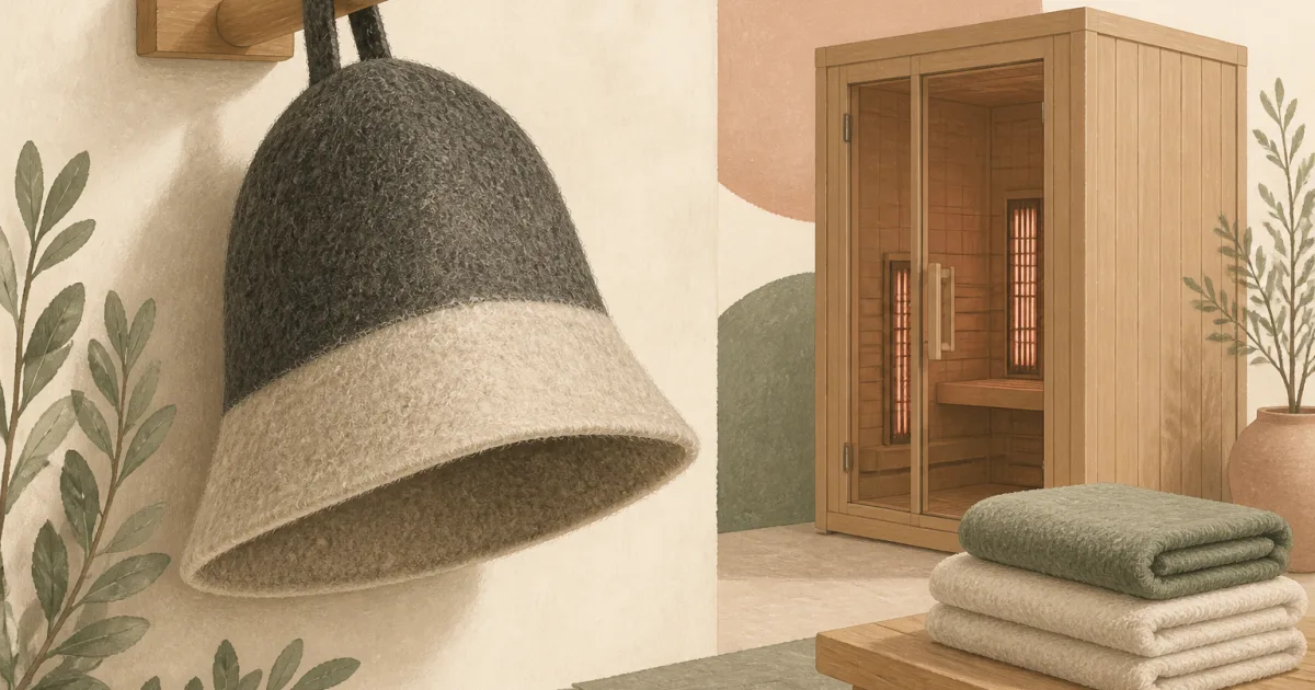 Flat illustration of a wool felt sauna hat hanging beside a small home cabin