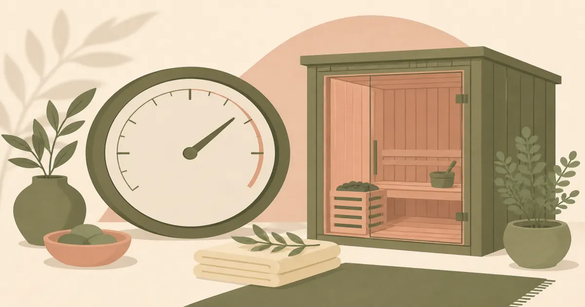 Flat illustration of a sauna thermometer gauge beside a small home cabin