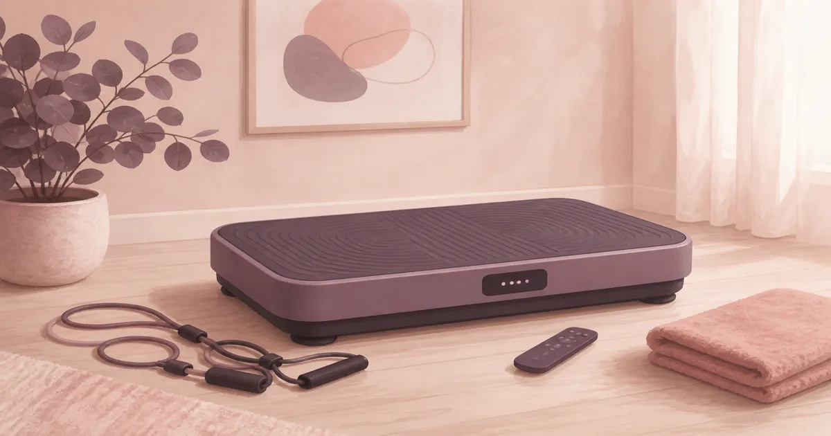 Flat illustration of a home vibration plate on a recovery-room floor